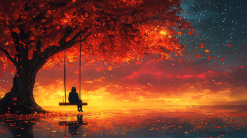 lone person on swing under tree with umbrella