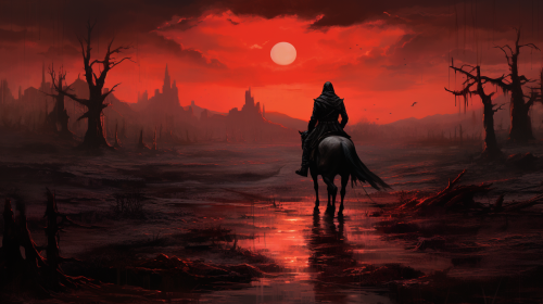 Lonely knight at tombstone in red rain Lonely knight at tombstone in red rain