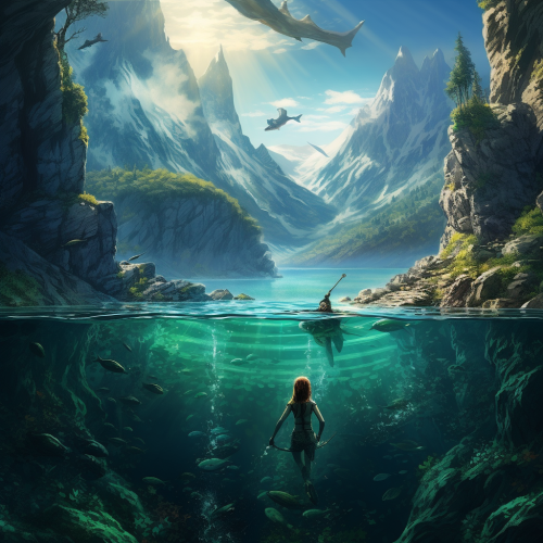 Beautiful long-tail mermaid swimming in mountain lake