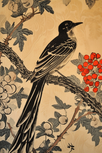 Beautiful Long Tailed Widowbird in Japanese Woodblock Art Beautiful Long Tailed Widowbird in Japanese Woodblock Art
