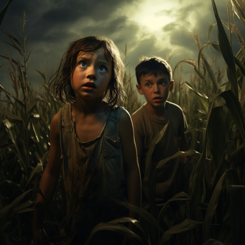 Terrified little boy and girl in cornfield
