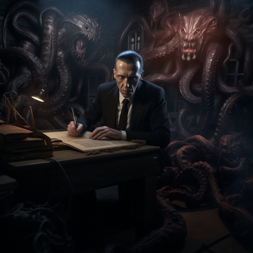 H.P. Lovecraft reading Necronomicon with Cthulhu in the background