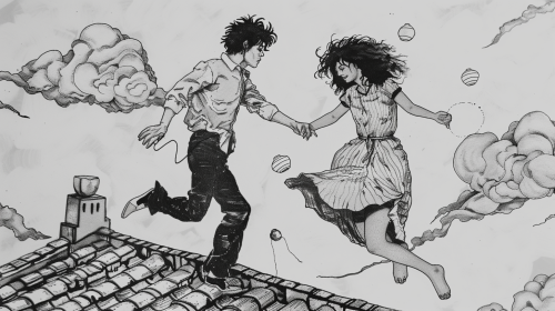 Lovers running on rooftops drawing