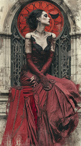 Beautiful vampire relaxing against Wall Street backdrop