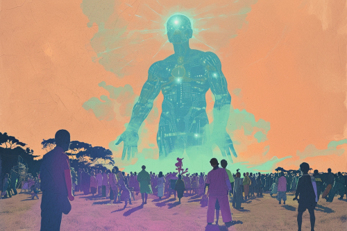 Crowd meeting luminous giant humans