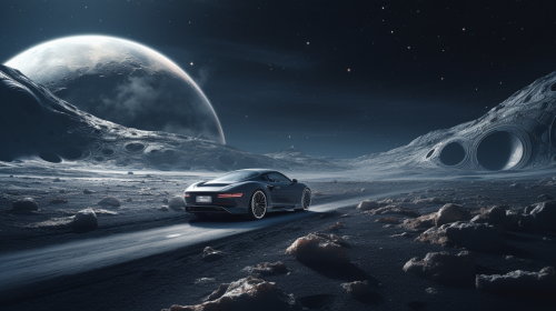 Sleek lunar cars racing on moon's surface