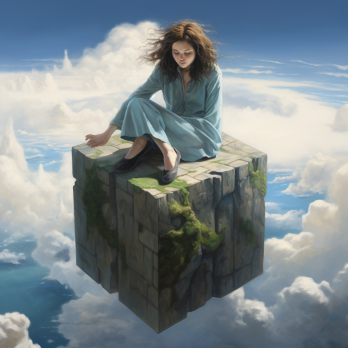 Woman with Lush Hair Sitting on Cube at End of World
