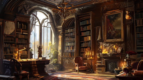 Luxurious bookcase scrolls in warm colors