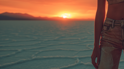 Stylish Young Woman Supermodel at Salt Flats Dusk