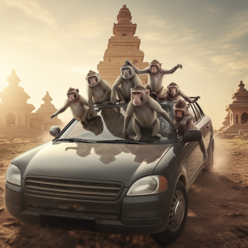 Playful macaque pulling car roof rubber Playful macaque pulling car roof rubber
