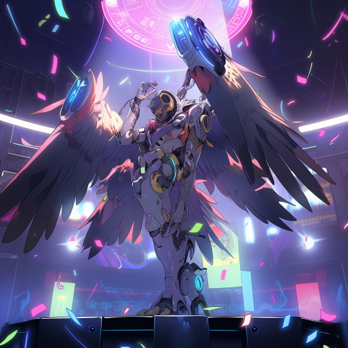 Cyberpunk owl with closed wings and disco ball stomach