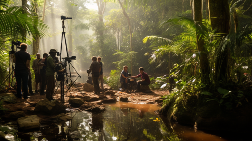 Filming crew in Madagascar jungle, symmetrical shot