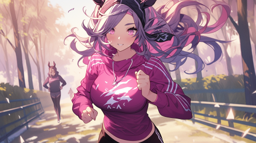 Magenta-haired humanoid in yoga pants