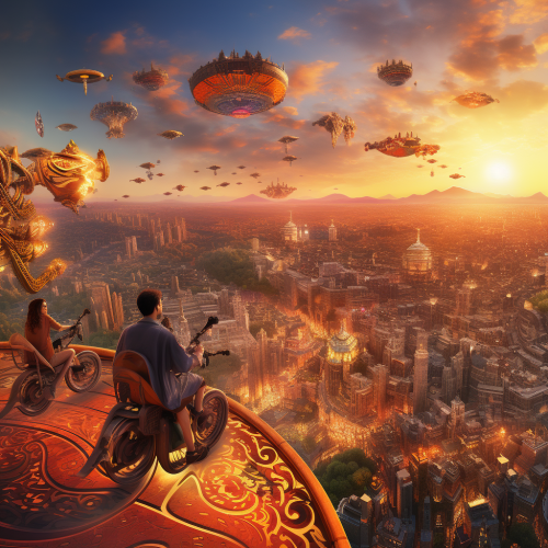 Group of people riding on magic carpet over cityscape