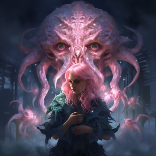 Artistic portrayal of a pink-haired woman with magical effects