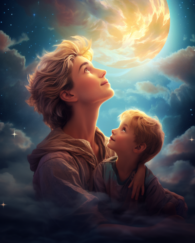 Young blond boy and mommy looking at the moon
