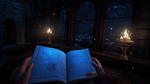magician reading glowing newspaper in Hogwarts