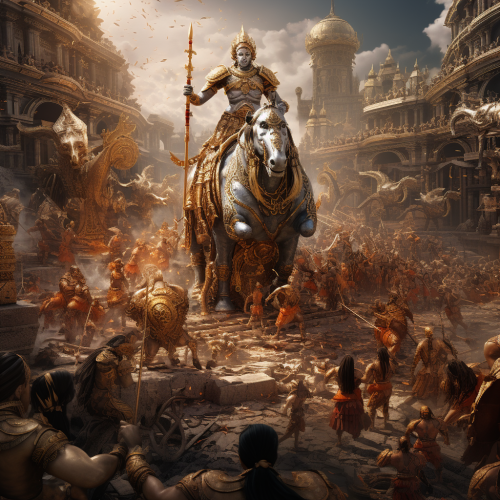 Krishna battling in epic Mahabharat scene