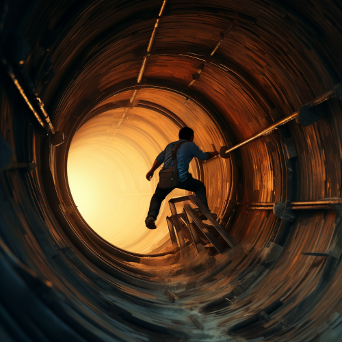 Maintenance worker climbing into giant pipe