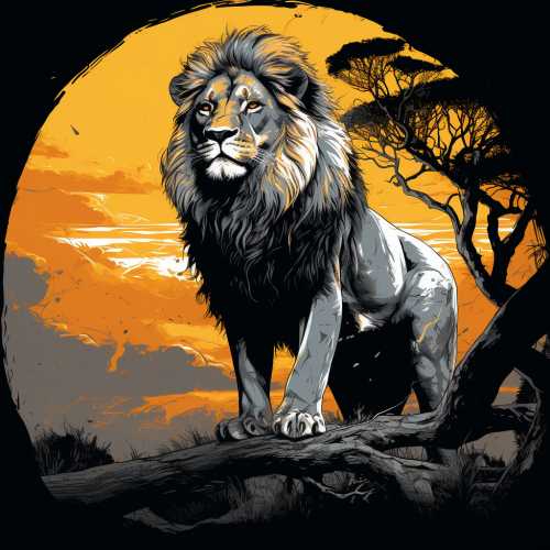 Majestic lion with scar proudly poses against silhouette tree