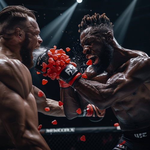 Professional male UFC fighter hitting opponent gummy bears
