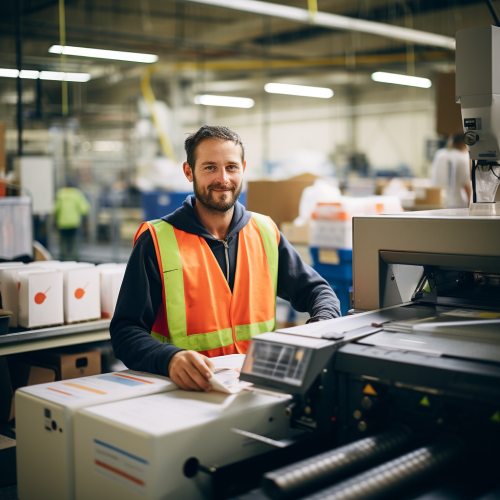Male operating coffee mug wrapping machine