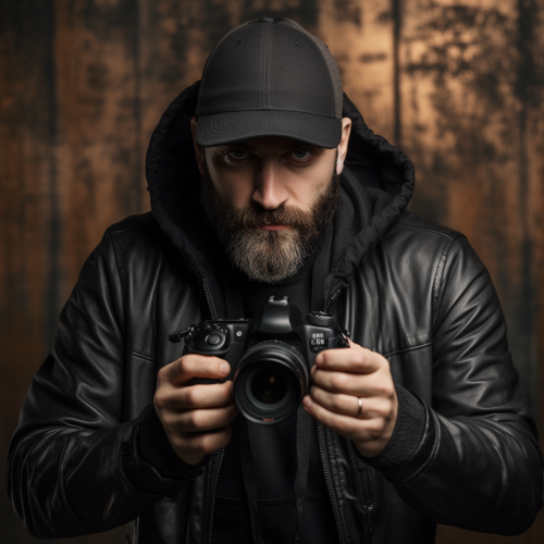 Bearded Photographer in Black Cap and Jacket