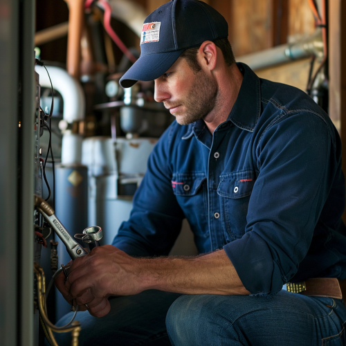 Man working with wrench on furnace