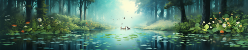 Beautiful lake scene with forest and dragonflies