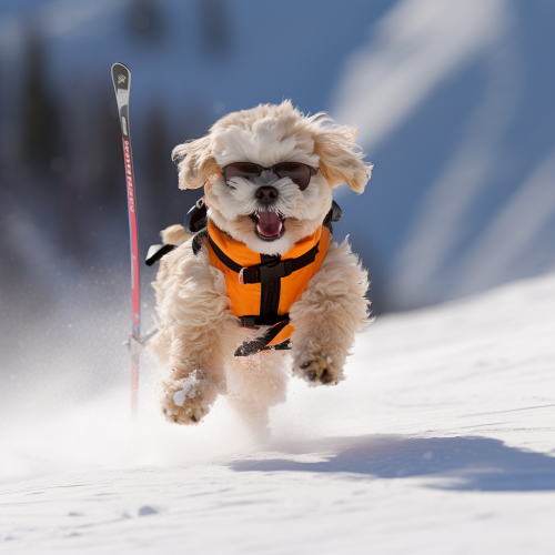 Cute Maltipoo dog skiing