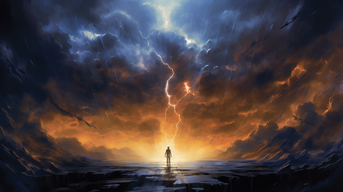 Serene yet powerful man amidst storm cloud Serene yet powerful man amidst storm cloud