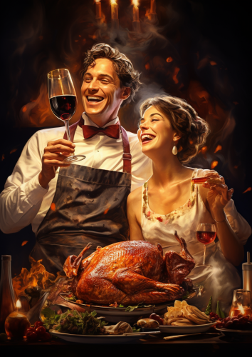 couple cooking thanksgiving dinner with wine