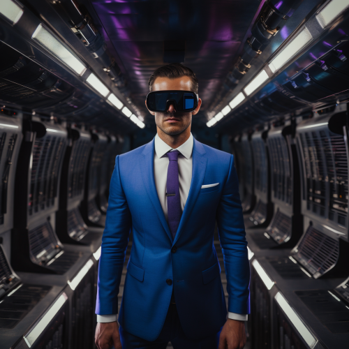 Man in Blue Suit with VR Goggles in Fancy Elevator