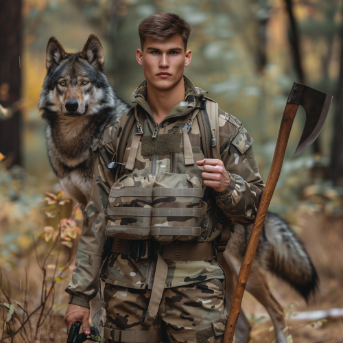 Man in camo gear with wolf