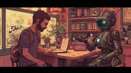 Man discussing philosophy with robot in coffee shop
