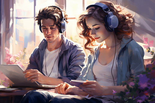 Man drawing on tablet, woman wearing headphones, guy lying on sofa Man drawing on tablet, woman wearing headphones, guy lying on sofa