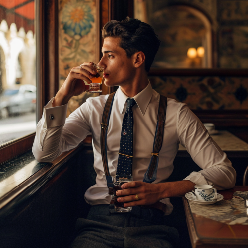 Stylish man sipping Negroni tea in Italian café Stylish man sipping Negroni tea in Italian café