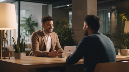 Man consulting with bank employee in modern office