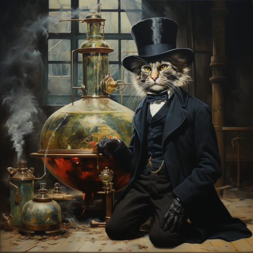 Man in factory with cat wearing top hat