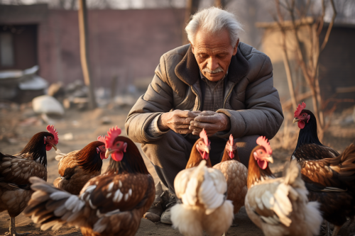 A man feeding his flock of chickens