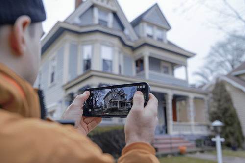 man recording house smartphone gimbal