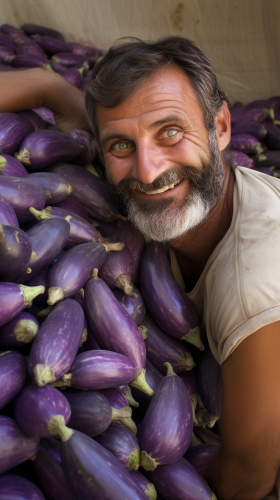 Smiling man with fresh eggplants