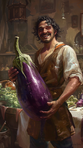 man holding big eggplant smile