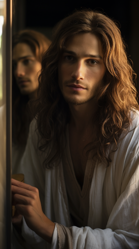 Man in toga admiring himself in mirror