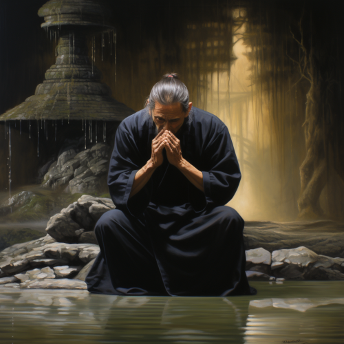 Man kneeling, crying in front of zen master