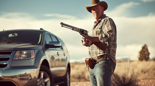 Man with Lever Action Gun in front of Silver Ford Edge Man with Lever Action Gun in front of Silver Ford Edge