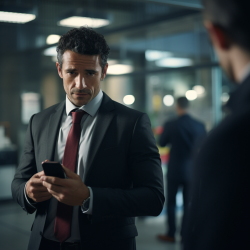Man looking over businessman's shoulder at phone