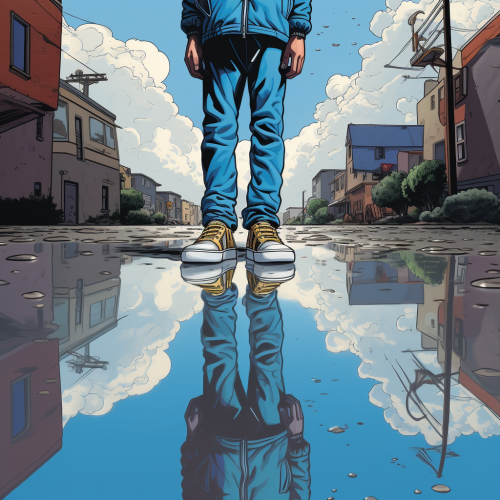 Man looking at reflection in puddle on street