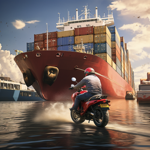 Man on moped passes container ship at quay