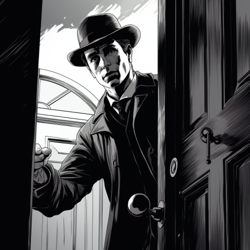 Man opening door in 1860 noir comic style